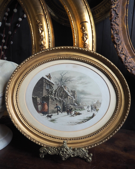 Winter Playtime – Antique Le Blond Oval Cityscape Print c.1910