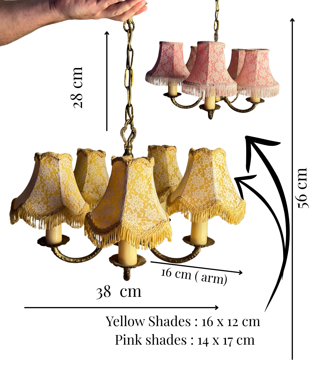 Vintage Brass 5 Arm Chandelier with Lace Tassel Lampshades