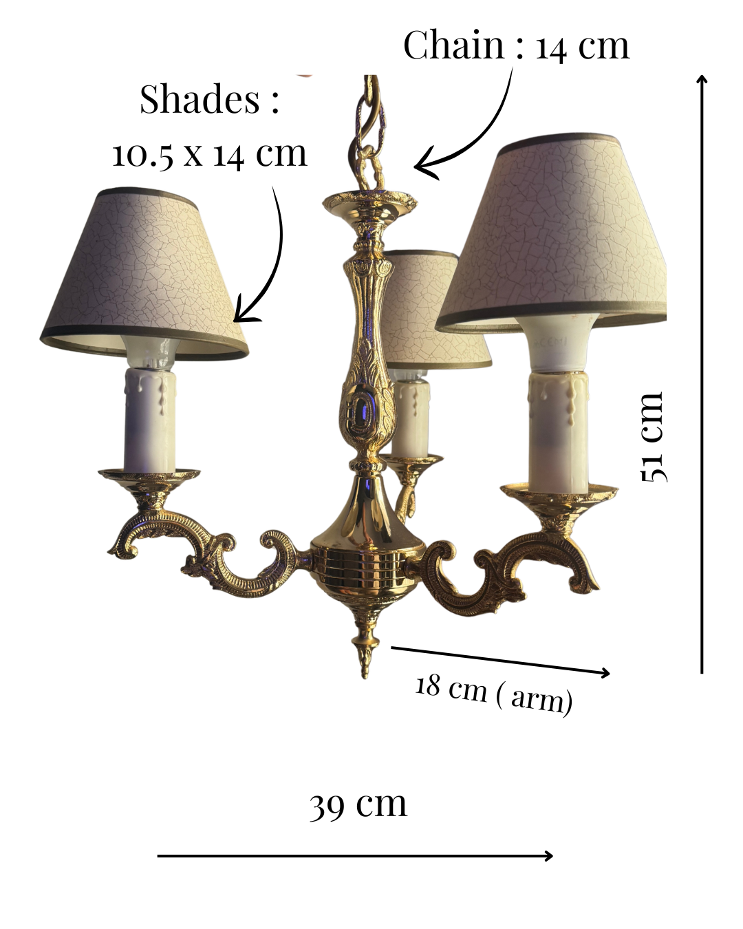 Vintage French Polished Brass Triple Light Chandelier with Shades