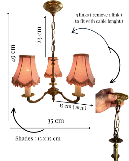 Curved French Antique Brass 3 Arm Chandelier with Pink Shades