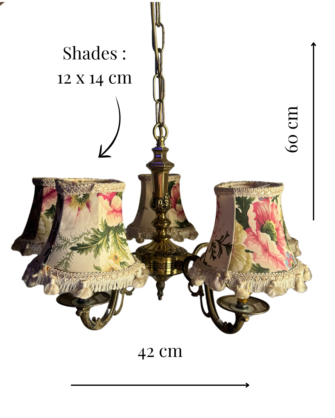 Vintage Satin Brass Lighting — 5-Arm Chandelier with Floral Shades