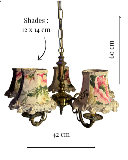 Vintage Satin Brass Lighting — 5-Arm Chandelier with Floral Shades