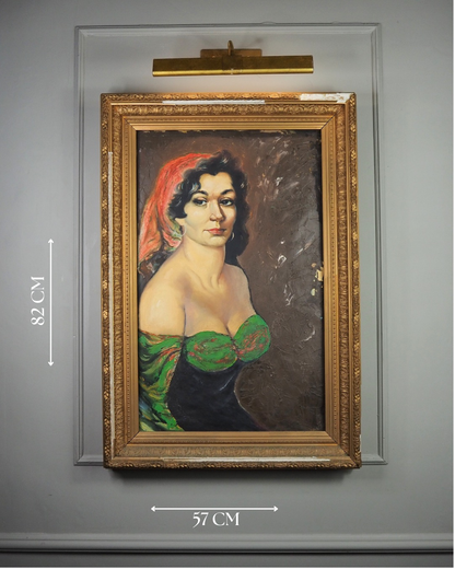 Vintage Gypsy Girl Portrait Oil Painting in Large Ornate Gold Frame