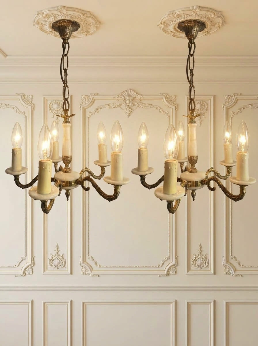 Vintage Italian Alabaster Chandelier, Brass Bronze 5 Arm Light, Mid Century Ceiling Light