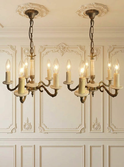 Vintage Italian Alabaster Chandelier, Brass Bronze 5 Arm Light, Mid Century Ceiling Light