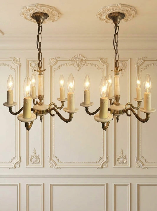 Vintage Italian Alabaster Chandelier, Brass Bronze 5 Arm Light, Mid Century Ceiling Light