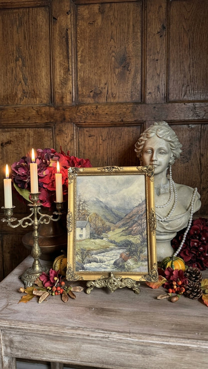 Autumn Vintage Watercolour in Antique Original European Ornate Gilt Frame