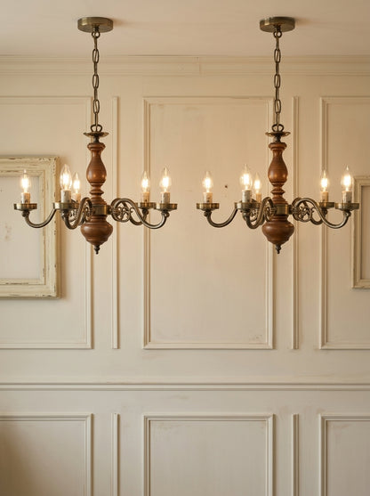 Vintage Rustic Wooden Farmhouse 5 Arm Chandelier, Matching Pair
