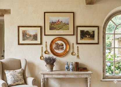 English Countryside Heirloom Gallery Wall Set : Brass Spoons , Vintage Prints , Copper Ceramic Plate