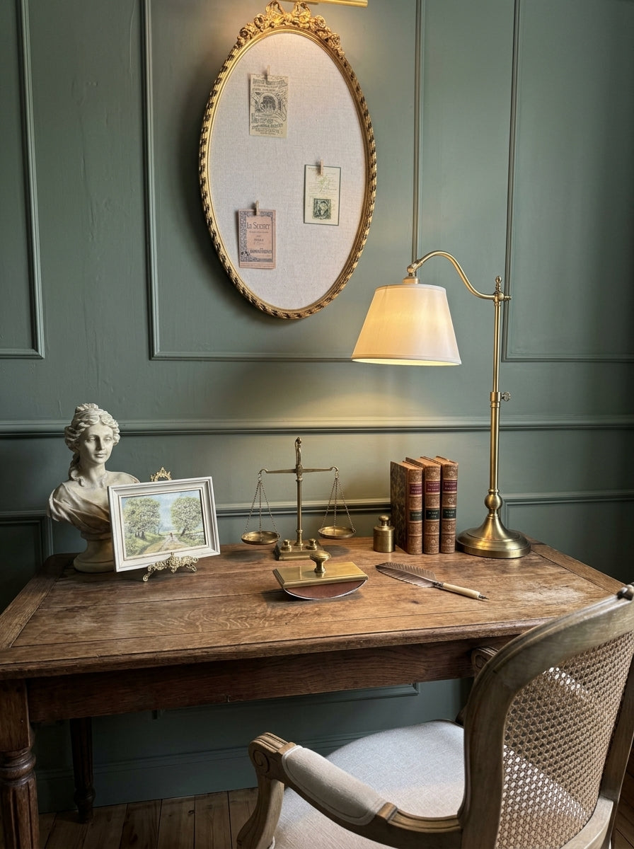 Vintage French-Style Gilt Oval Bulletin Board – Fabric Notice Board with Bow, c.1958