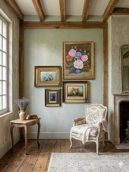 Vintage Floral Oil Painting Gallery Set in Ornate Gold Frames