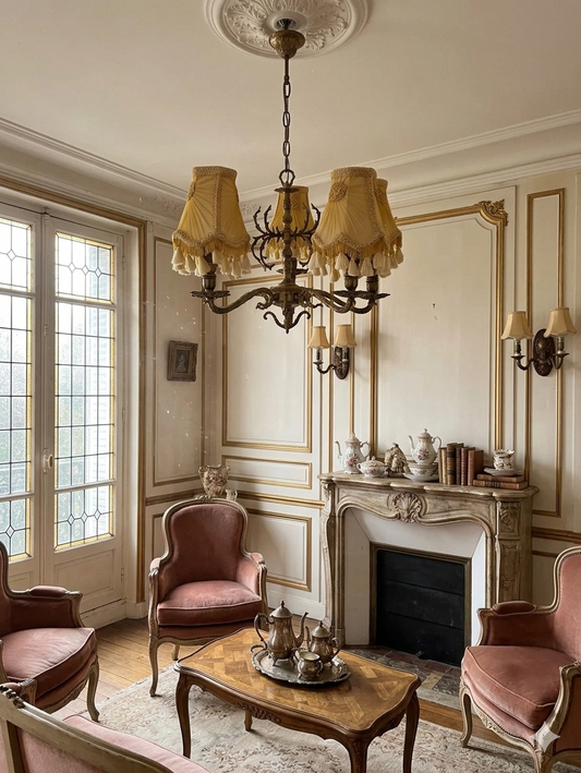 Vintage French Louis Style Solid Brass Chandelier & Wall Lights Set – 5 Arm Ceiling Light