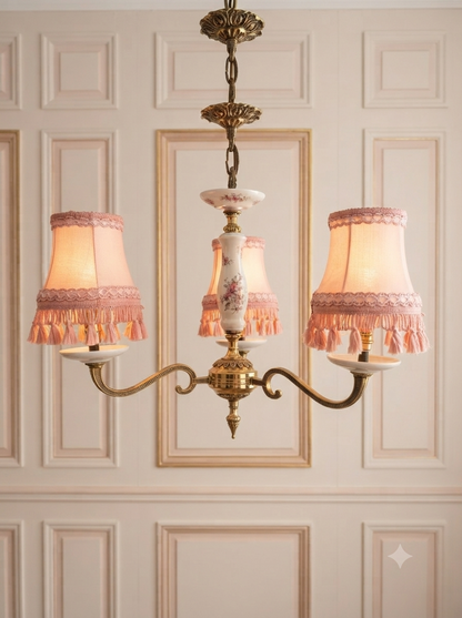 Capodimonte Style Brass and Fine Ceramic Vintage Chandelier - Imported from Spain