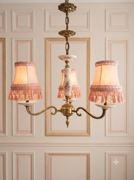 Capodimonte Style Brass and Fine Ceramic Vintage Chandelier - Imported from Spain