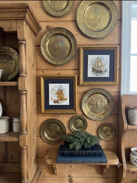 Vintage Hand painted Tiles in Gold Gilt Frame Pair