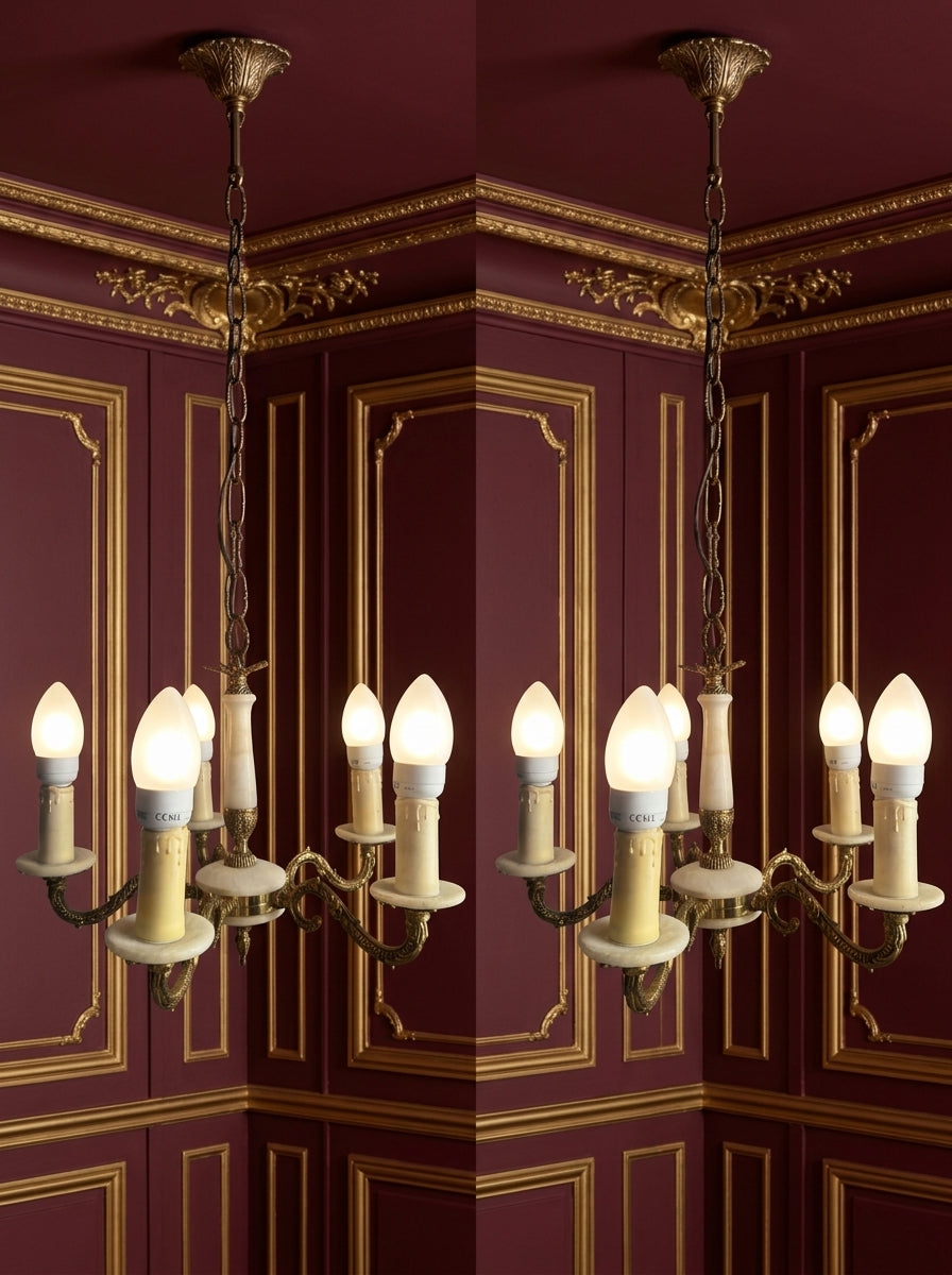 Vintage Italian Alabaster Chandelier, Brass Bronze 5 Arm Light, Mid Century Ceiling Light