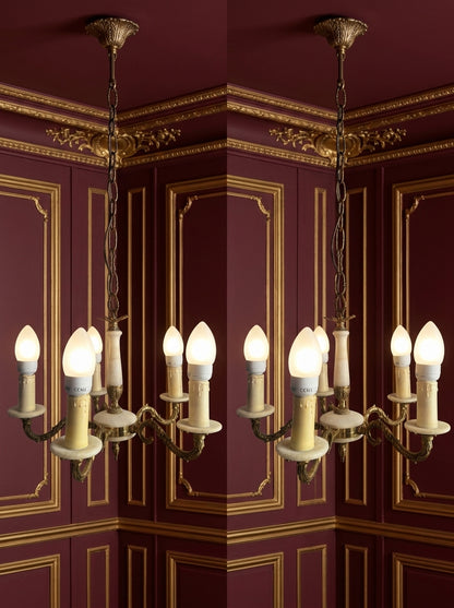 Vintage Italian Alabaster Chandelier, Brass Bronze 5 Arm Light, Mid Century Ceiling Light