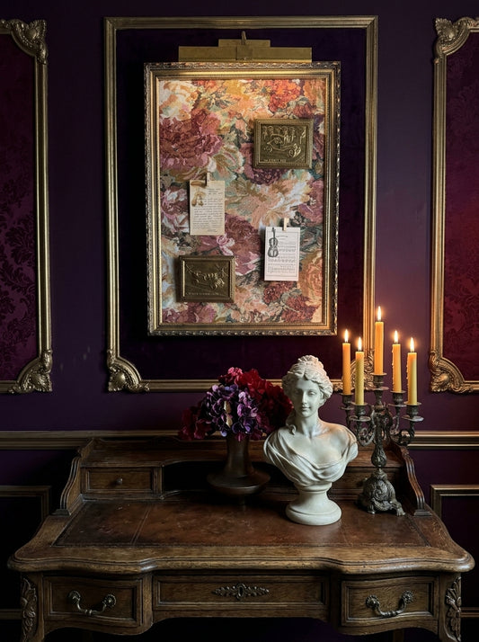 Vintage Jacquard Fabric Cork Notice Board in Italian Imported Antique Gold Gilt Frame