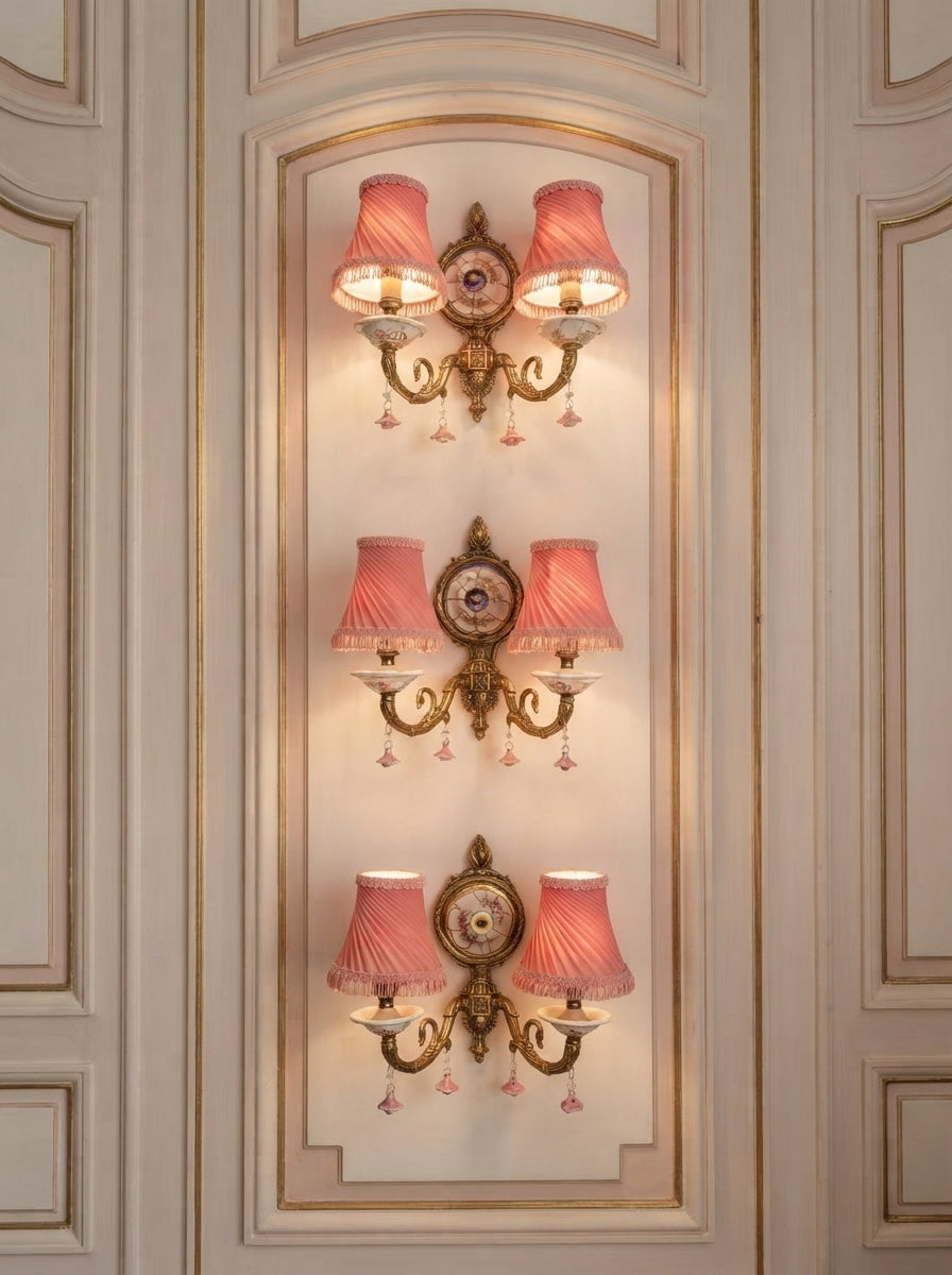 Vintage Capodimonte Wall Lights - 2 arm Scones  Pink Floral Ceramic & Gilt Brass