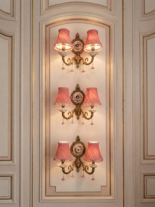 Vintage Capodimonte Wall Lights - 2 arm Scones  Pink Floral Ceramic & Gilt Brass