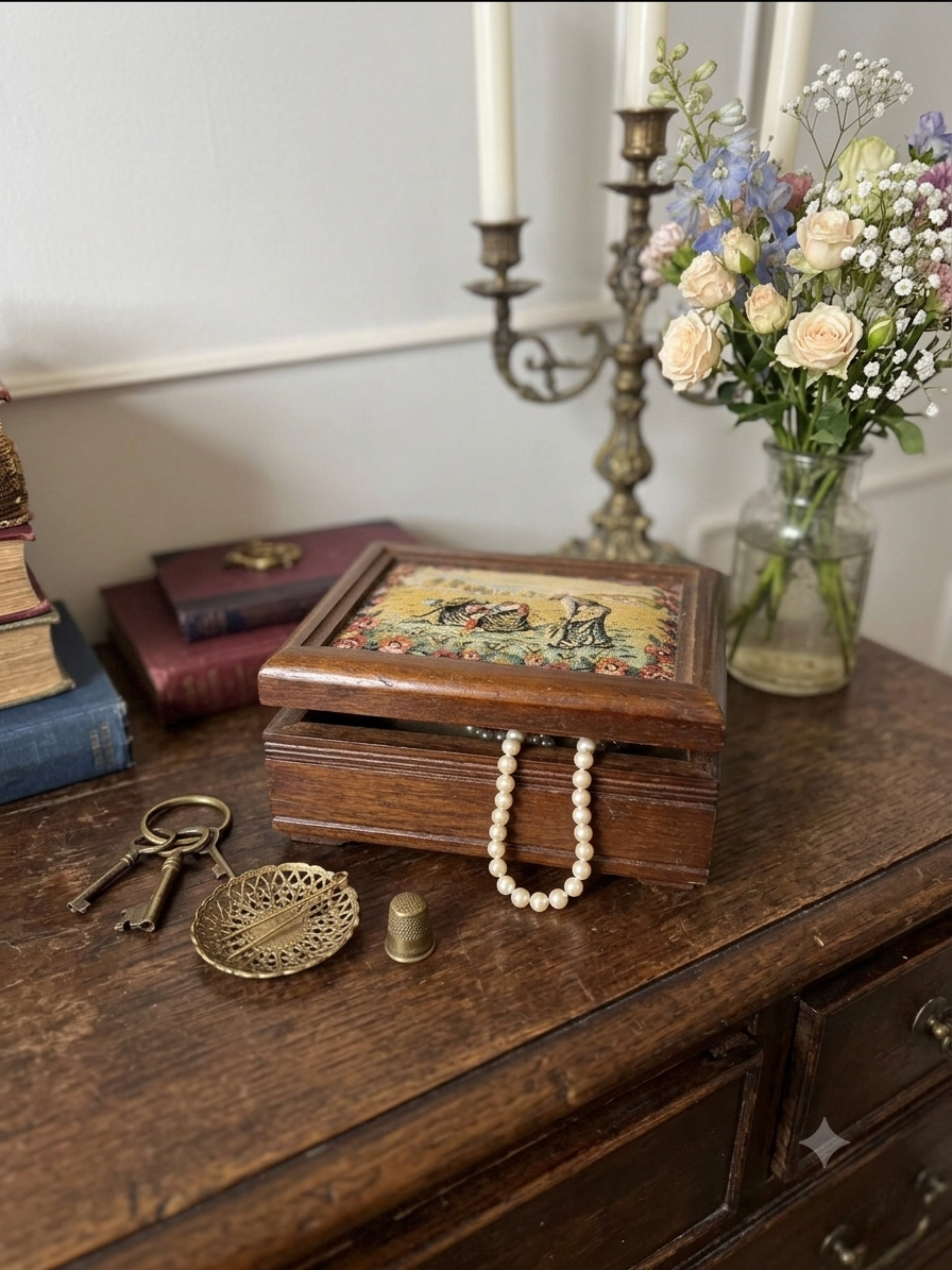 Vintage Wooden Jewellery Box with Tapestry Top
