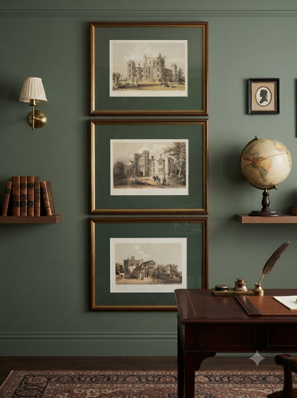 Antique Architectural Prints - Brereton Hall, Turton Tower & Wollaton Hall -English Country House Gallery Set