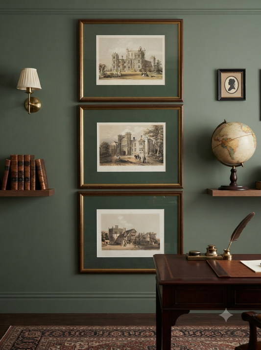 Antique Architectural Prints - Brereton Hall, Turton Tower & Wollaton Hall -English Country House Gallery Set