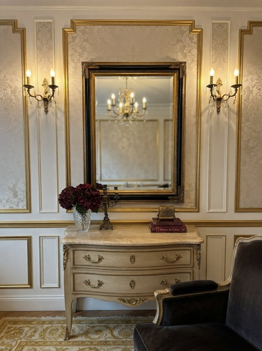 Large Bevelled Mirror in Gold & Black Gilt Frame – Decorative Wall Statement