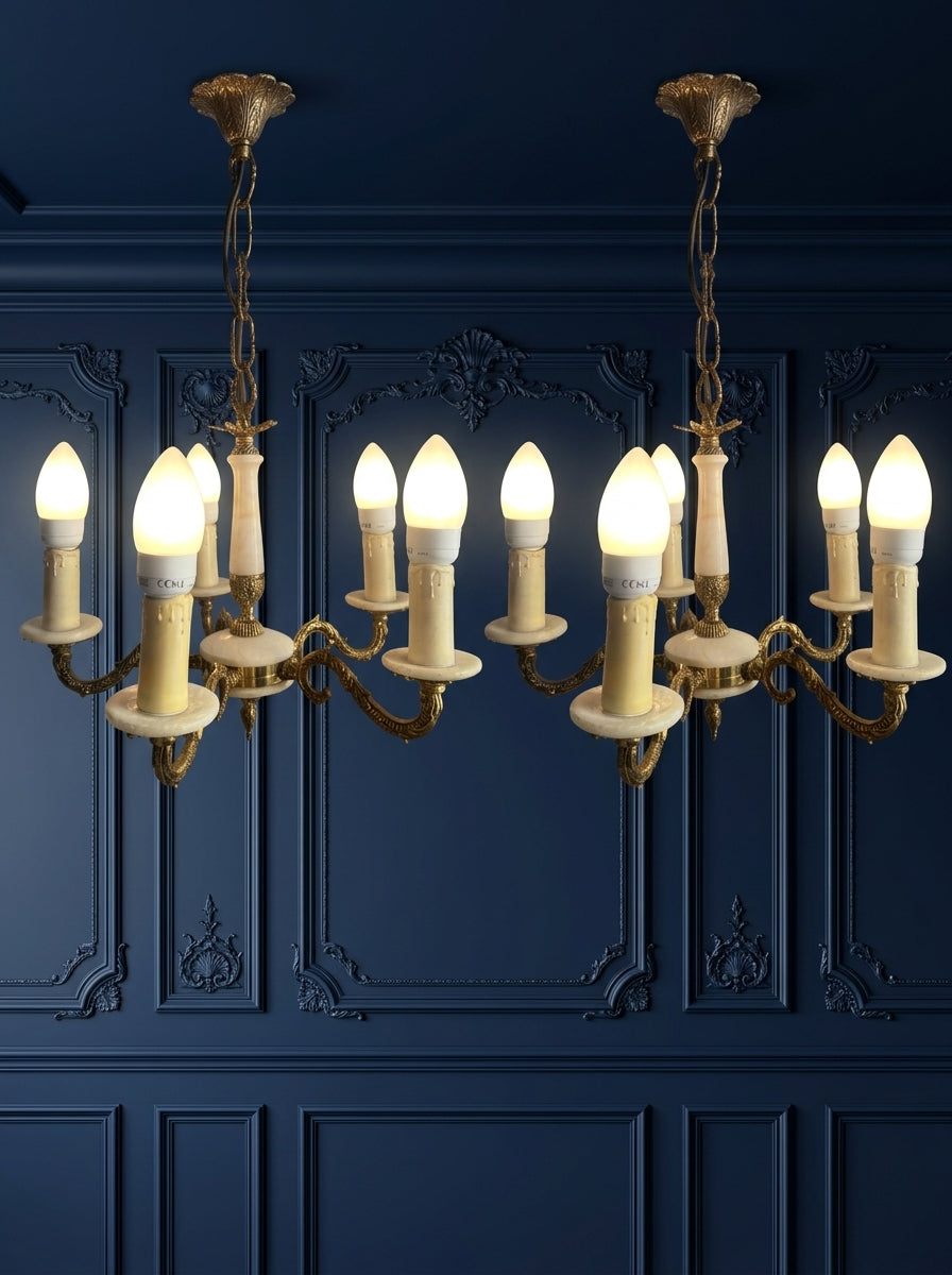 Vintage Italian Alabaster Chandelier, Brass Bronze 5 Arm Light, Mid Century Ceiling Light