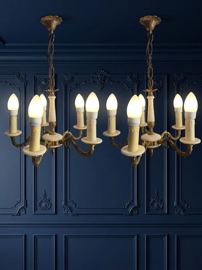 Vintage Italian Alabaster Chandelier, Brass Bronze 5 Arm Light, Mid Century Ceiling Light