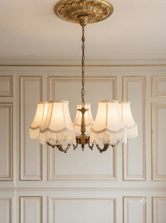 Vintage French Louis Style Solid Brass5 Arm Chandeliers Optional White Shades