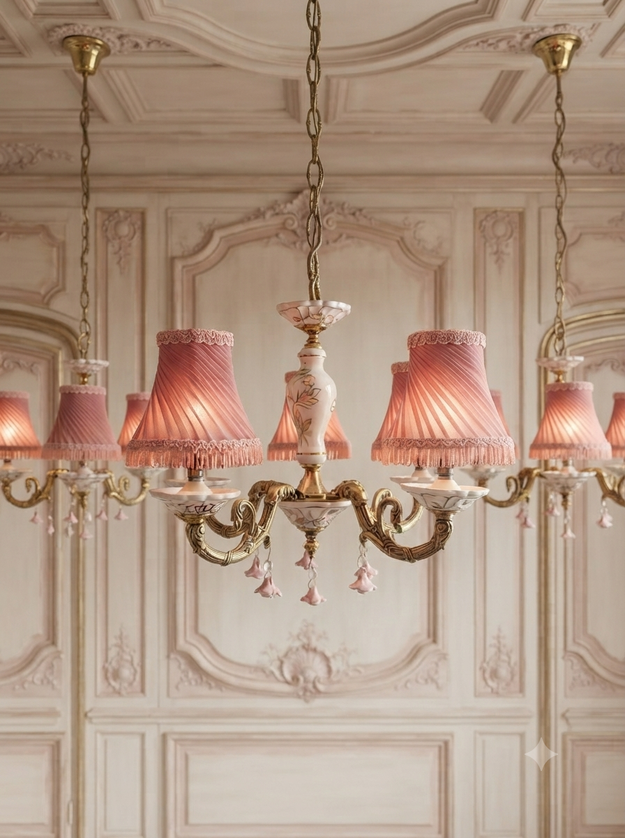 Vintage Capodimonte Chandelier , 5 Arm  – Pink Floral Ceramic & Gilt Brass
