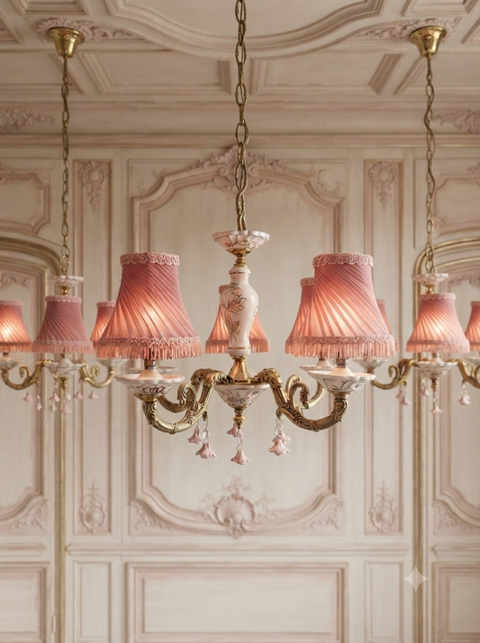 Vintage Capodimonte Chandelier , 5 Arm  – Pink Floral Ceramic & Gilt Brass