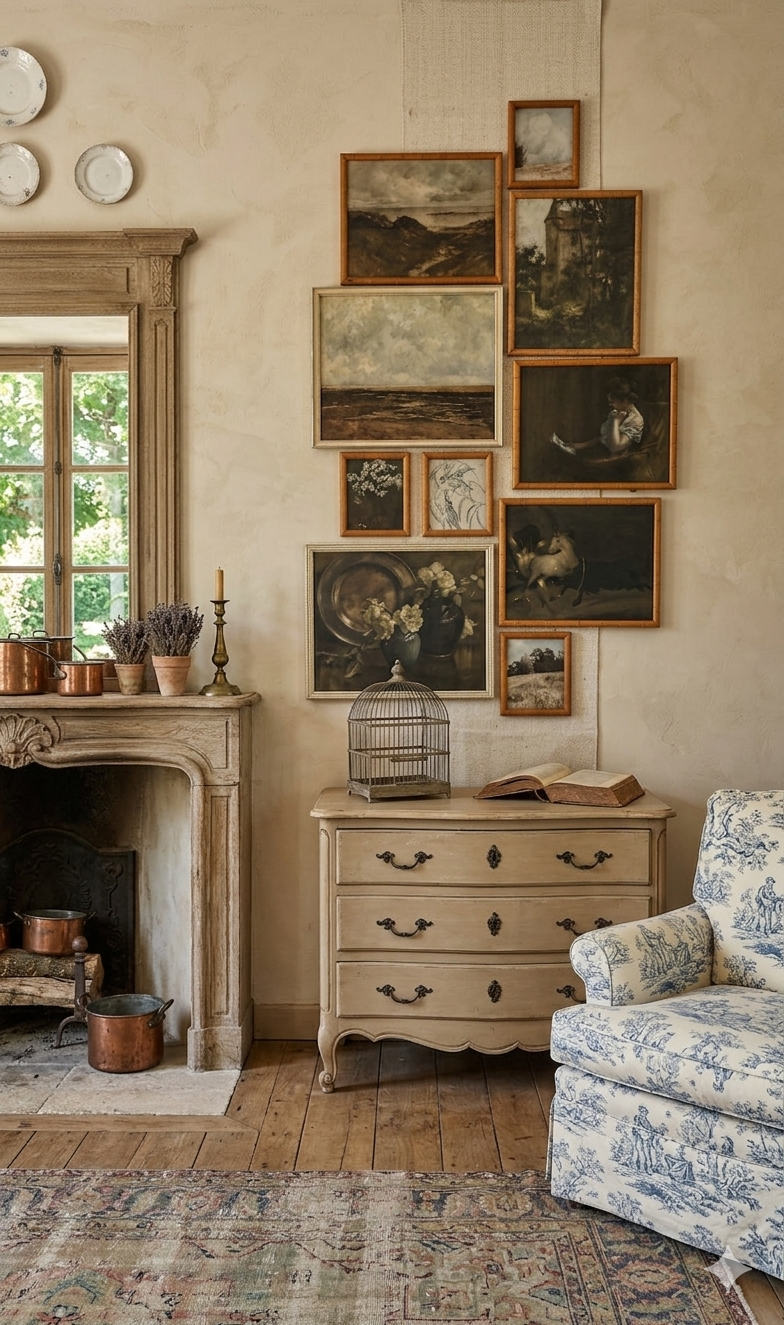 Vintage Styled Gallery Wall Set with Prints + Mix of Bamboo & White Frames ( x 10 )