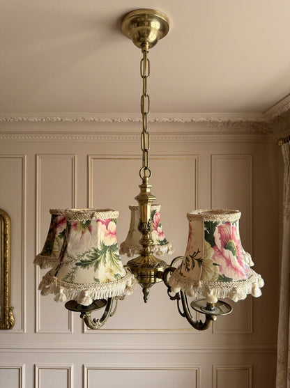 Vintage Satin Brass Lighting — 5-Arm Chandelier with Floral Shades