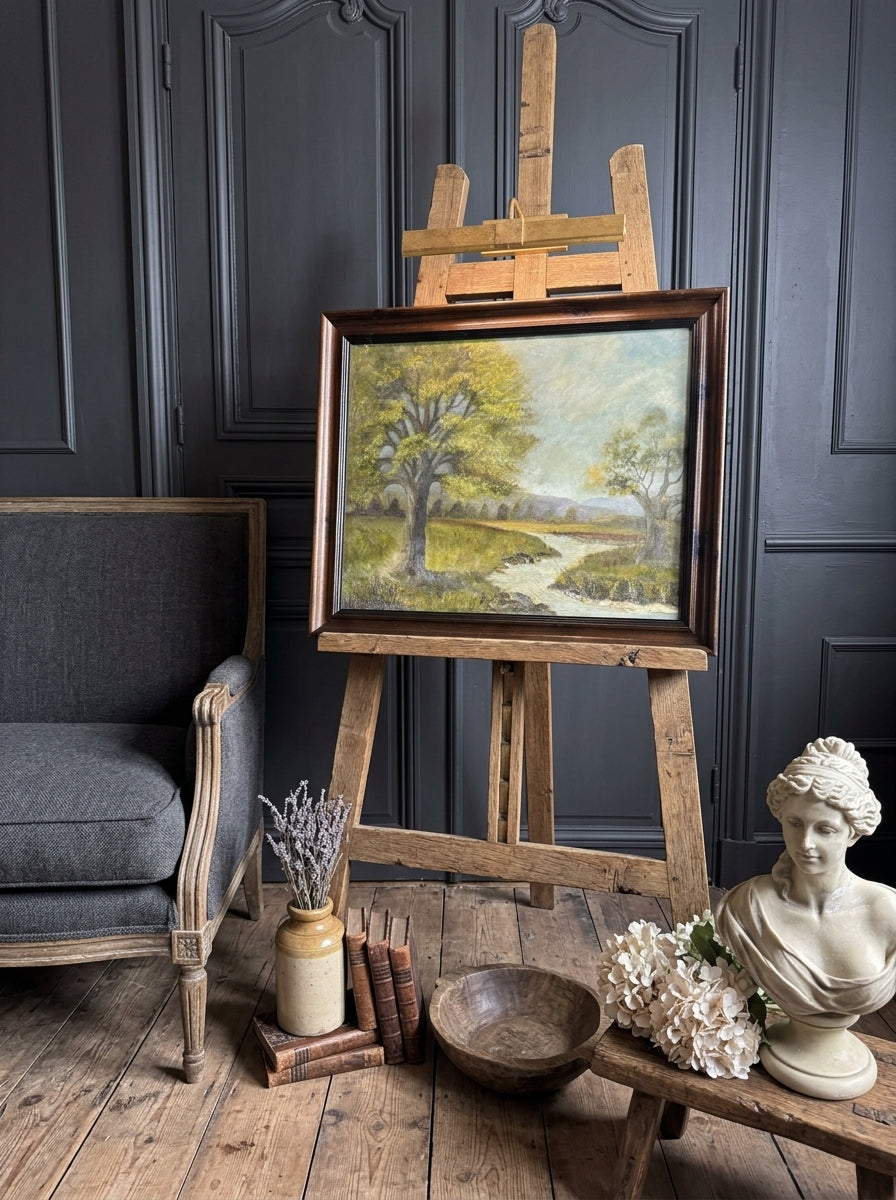 Vintage Landscape Oil Painting by E. Henstock, -Rustic Farmhouse Frame