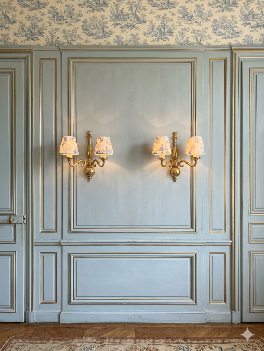 Elegant Vintage Solid Brass Wall Light Pair – Toile de Jouy Lampshades