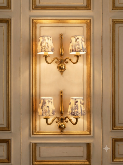 Elegant Vintage Solid Brass Wall Light Pair – Toile de Jouy Lampshades