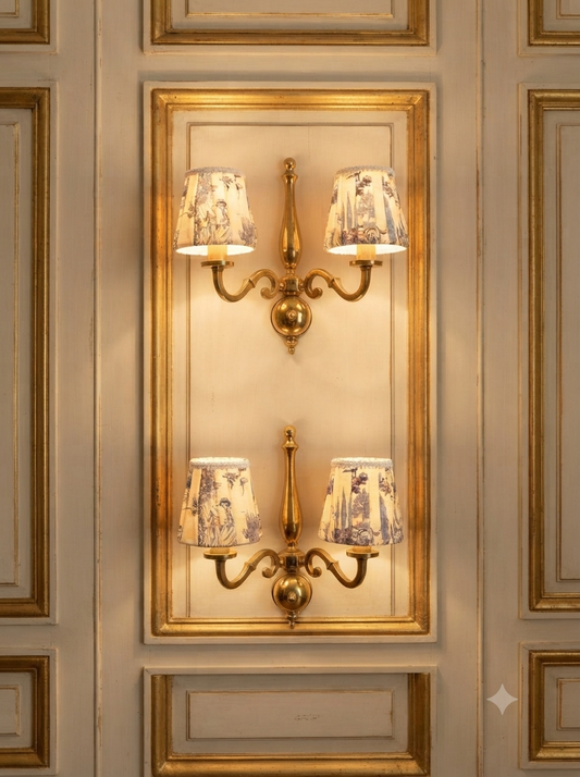Elegant Vintage Solid Brass Wall Light Pair – Toile de Jouy Lampshades