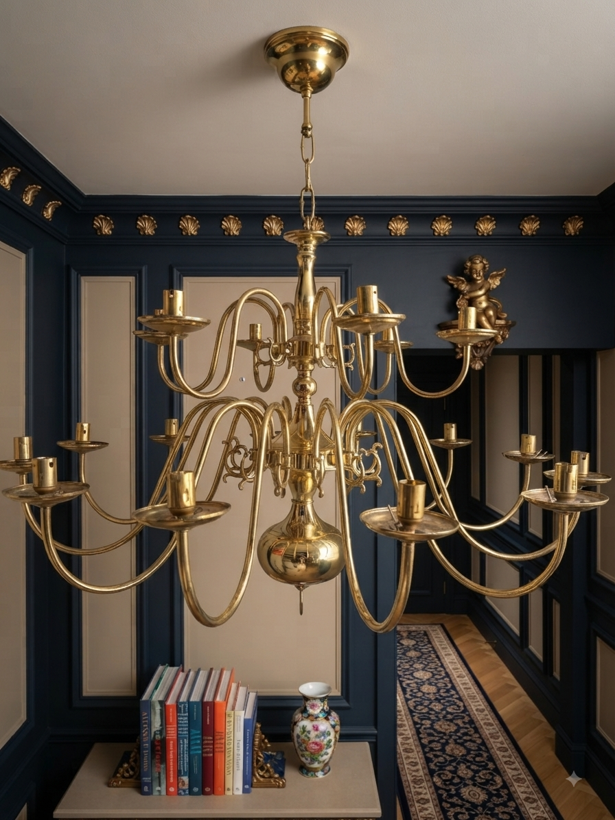 Vintage Dutch Brass Chandelier – 18 Light Baroque Style Ceiling Lighting