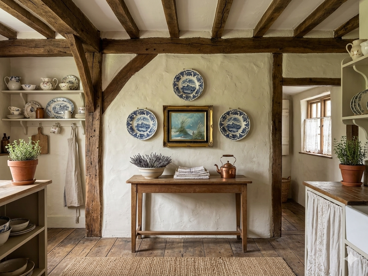 Vintage Blue Willow Plates & Framed Heritage Painting Gallery Wall Set