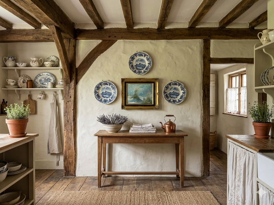 Vintage Blue Willow Plates & Framed Heritage Painting Gallery Wall Set