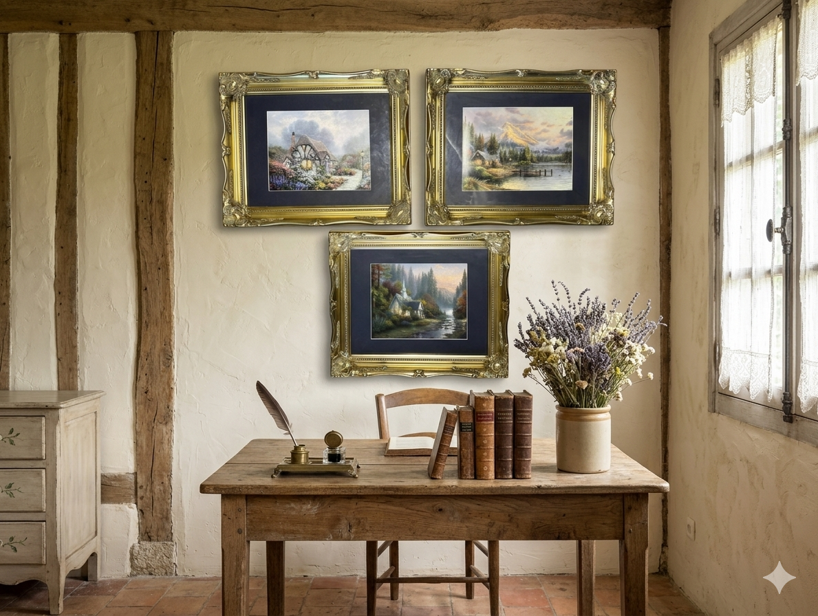 Thomas Kinkade Gallery Wall Set in Ornate Gold Louis-Style Frames