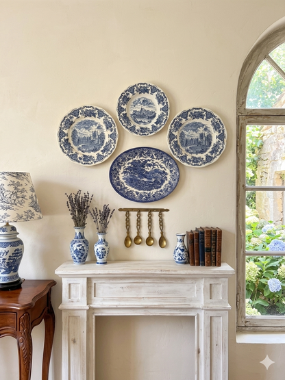 Vintage Kitchen Gallery Wall Set : Blue & White - Willow Style English Plates + Brass Spoons
