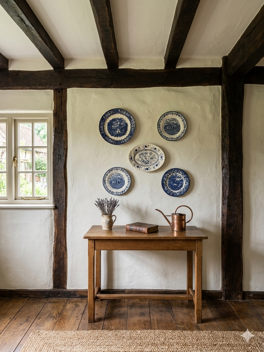 Vintage Kitchen Gallery Wall Set: Blue & White Willow Style English Plate Set