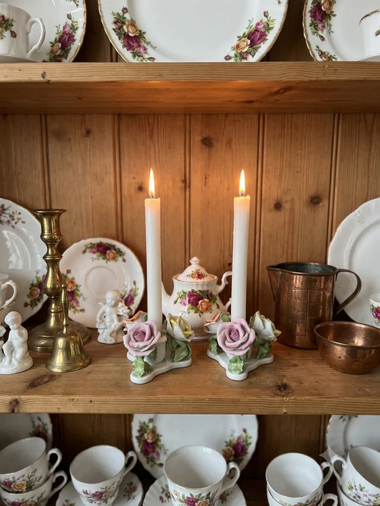 Vintage Rare Antique Herend Hungarian Hand-Painted Three Roses Candle Holder Pair