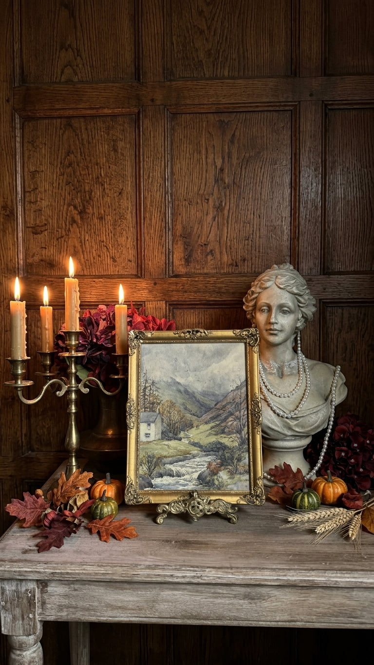 Autumn Vintage Watercolour in Antique Original European Ornate Gilt Frame