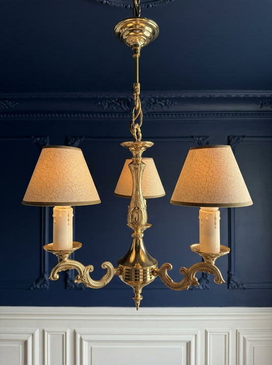 Vintage French Polished Brass Triple Light Chandelier with Shades