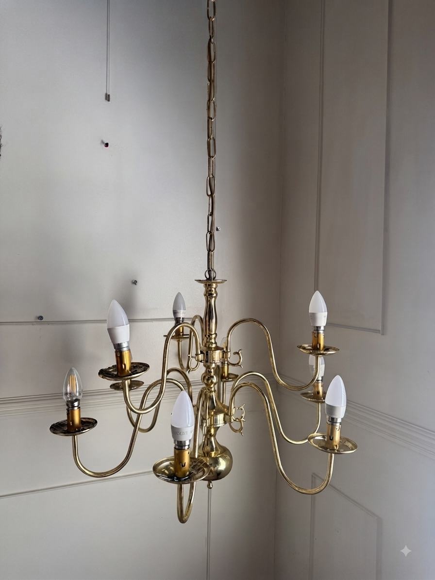 Vintage Dutch Brass Chandelier – 9 Light Baroque Style Ceiling Lighting