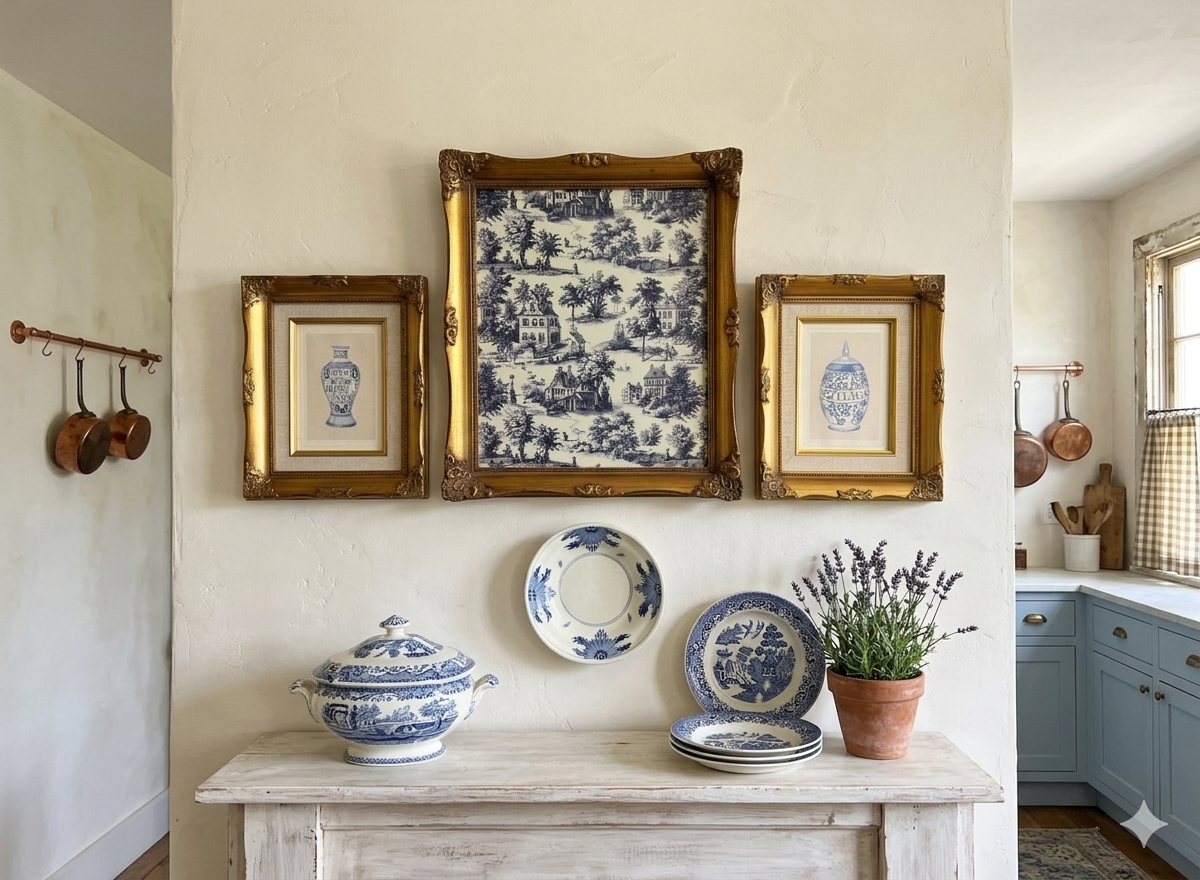 The Louis XV Toile Collection -Gold French Frames with Toile de Jouy Theme Print Set